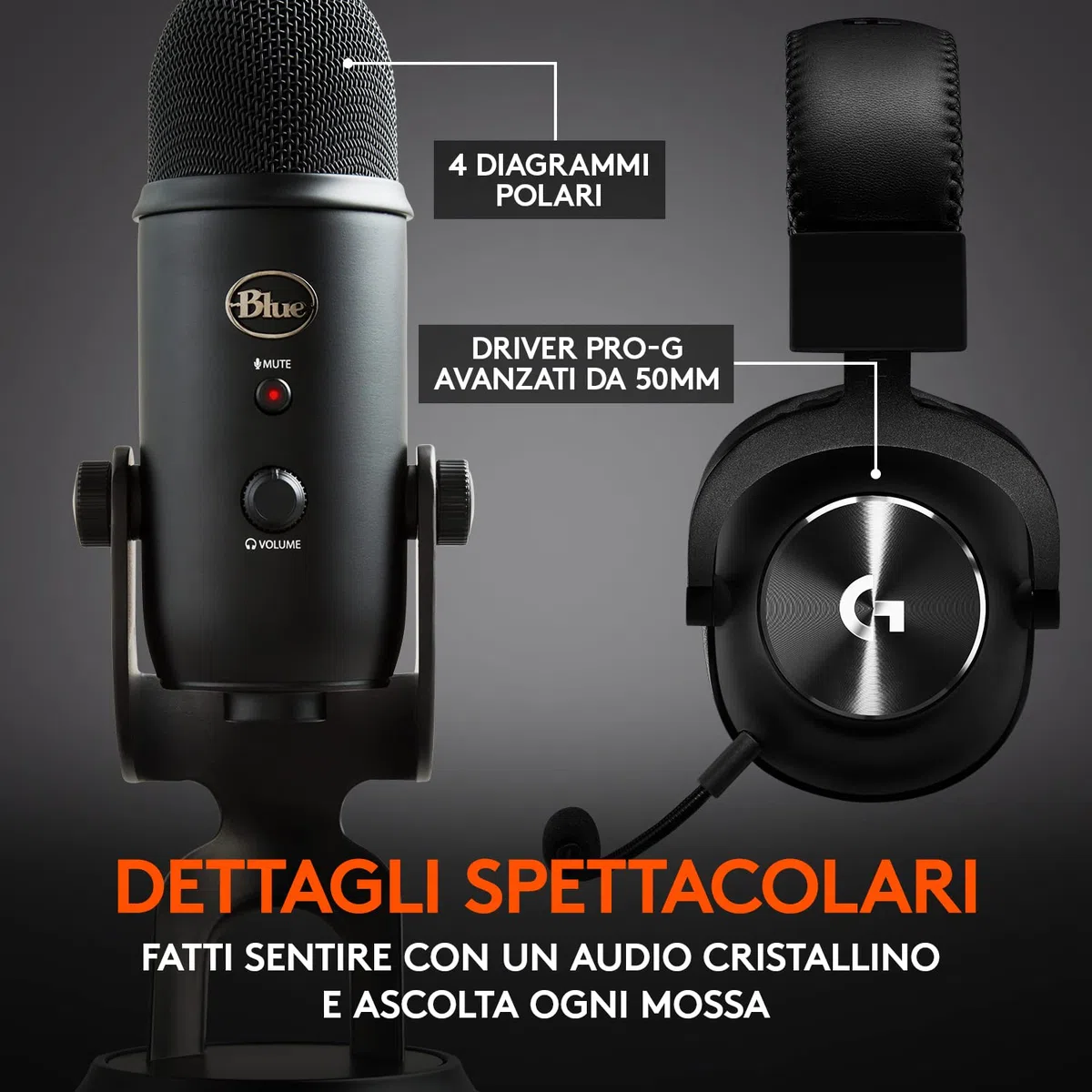 Logitech G PRO X Cuffia con Microfono per Gaming di Seconda Generazione, con Blue Voice + Blue Microphones Yeti, Microfono USB per Registrazione e Streaming su PC e Mac