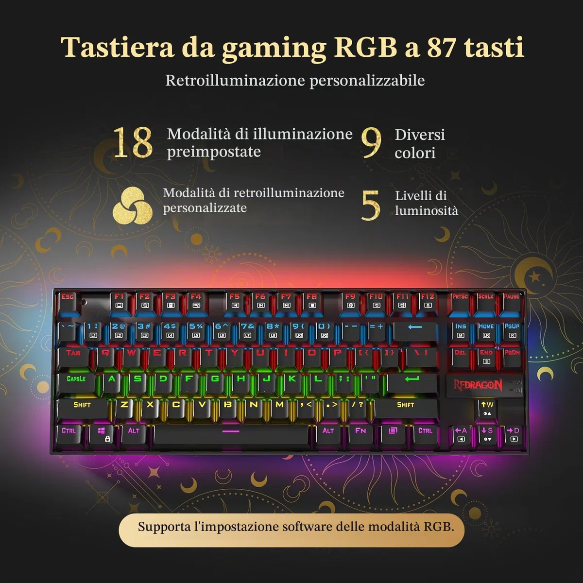 Redragon K552 Tastiera da gioco RGB 87 tasti meccanica RGB retroilluminata a LED arcobaleno Tastiera per computer senza chiave Design compatto Interruttori blu per giochi su PC Windows (layout QWERTY)
